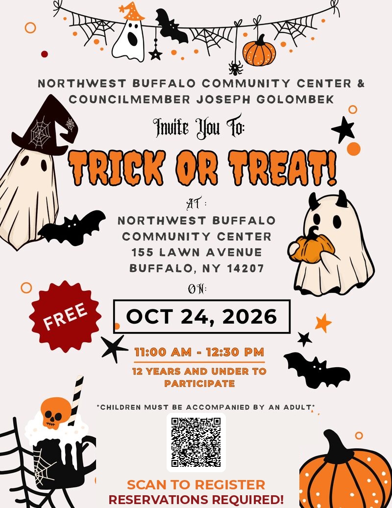 Northwest Buffalo Community Center Trick or Treat flyer - Saturday October 24, 2026, 11am to 12:30pm, free for ages 12 and under, reservations required - scan the QR code or click to register