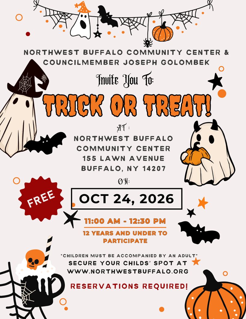 Northwest Buffalo Community Center Trick or Treat flyer - Saturday October 24, 2026, 11am to 12:30pm, free for ages 12 and under, reservations required
